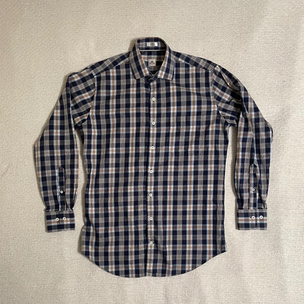 Peter Millar blue plaid button-up shirt. Medium. 100% cotton.